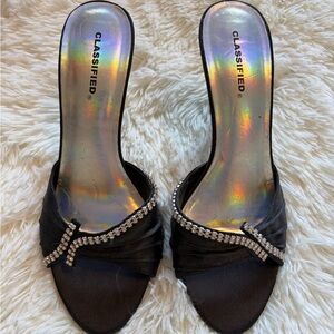 Classified Black Satin Velvet Slide Heels with Rhinestone Accent Ladies Size 6